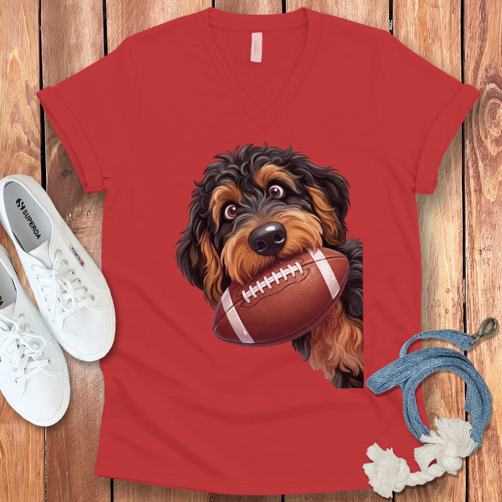 Phantom Goldendoodle Football V-Neck T-Shirt in Red / S by Puppy Jo