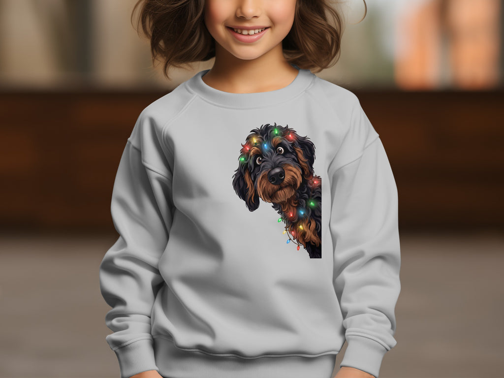Grey sweatshirt with a dog peeking out, wearing colorful Christmas lights.