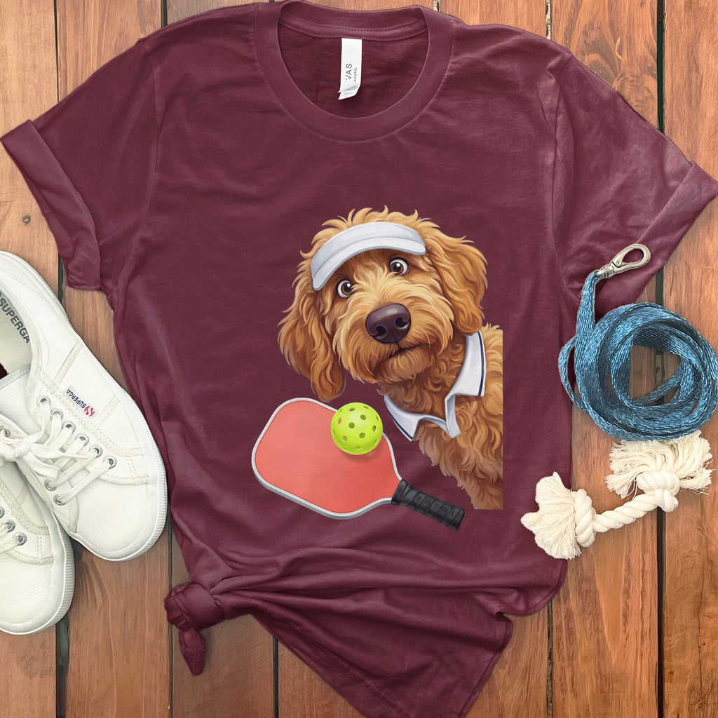 Apricot Goldendoodle Pickleball Player T-Shirt in Maroon / S by Puppy Jo