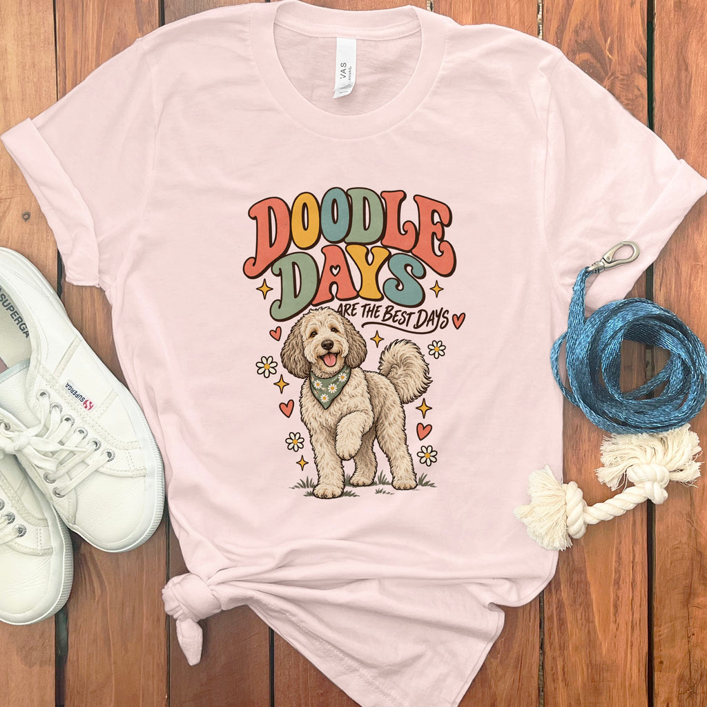 Pink t-shirt with "Doodle Days Are The Best Days" text and a doodle dog graphic.