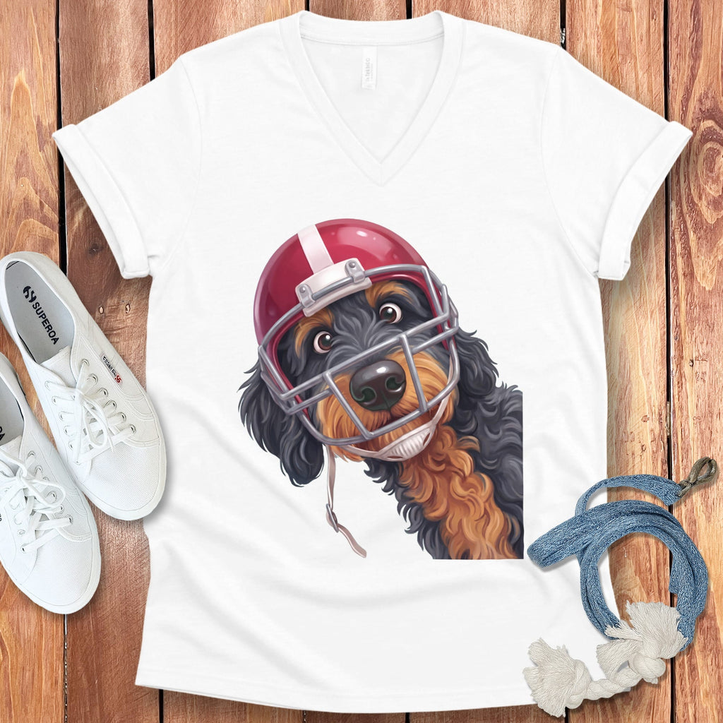 Phantom Goldendoodle Football Helmet V-Neck T-Shirt in White / S by Puppy Jo