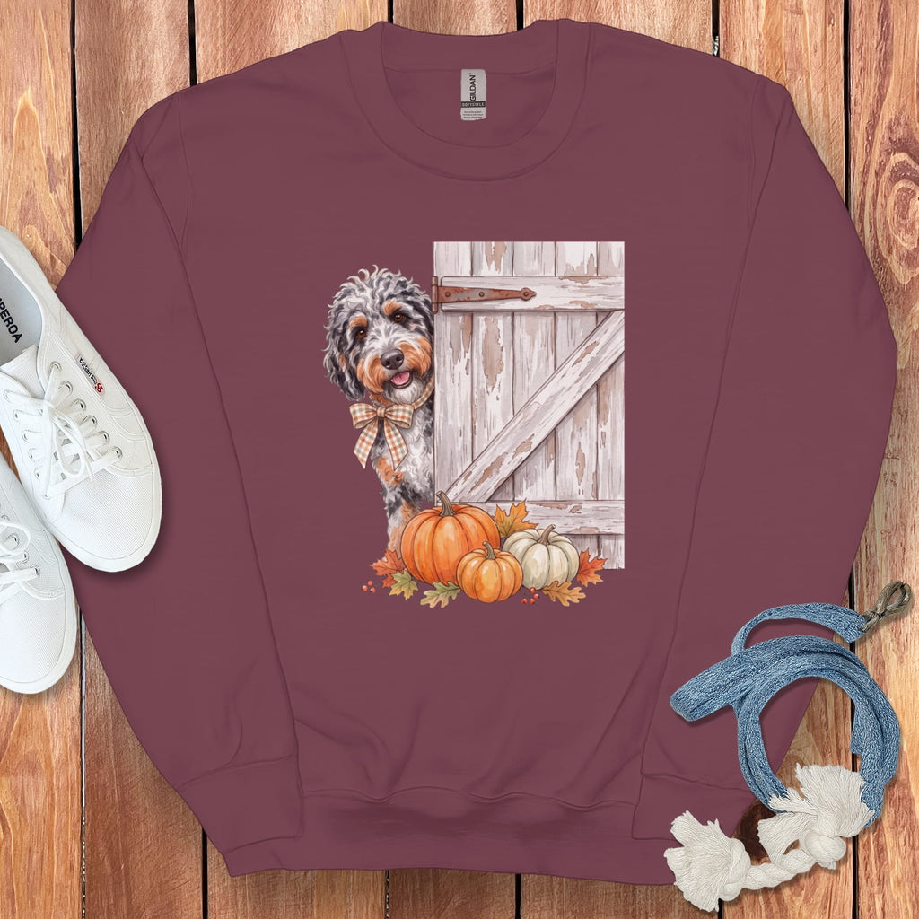 Aussiedoodle Barn Peeking Sweatshirt in Maroon / S by Puppy Jo