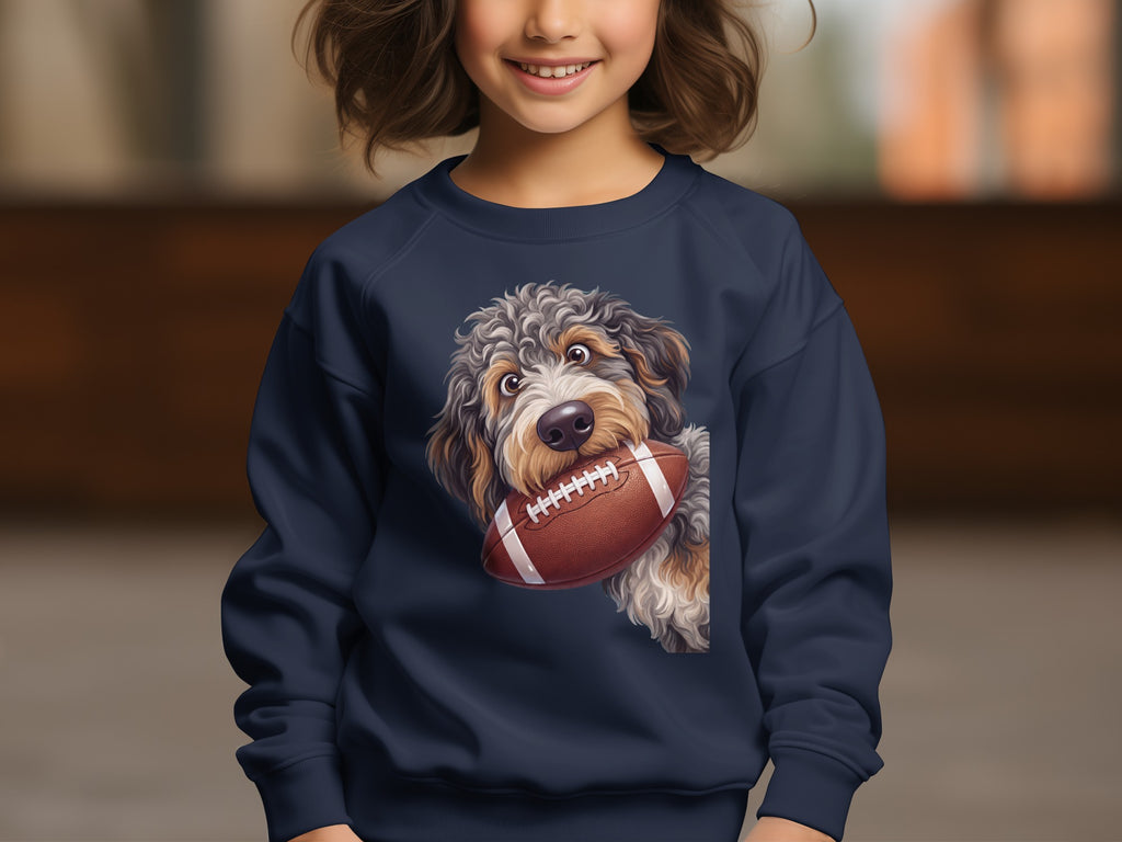 Navy sweatshirt with a doodle dog holding a football graphic.