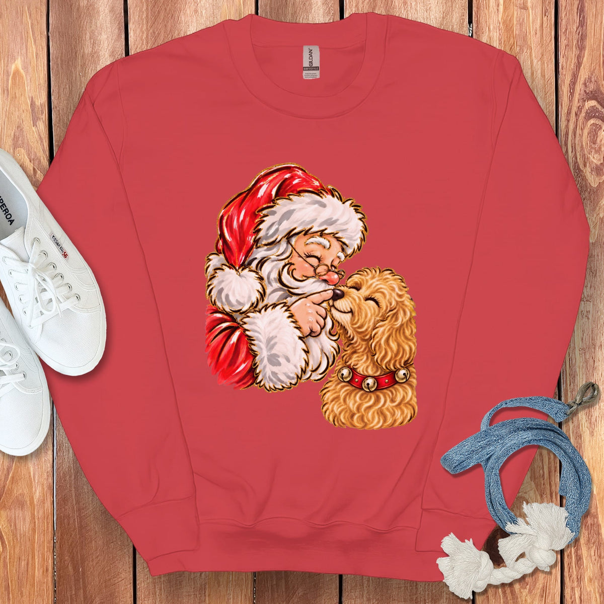 Golden Goldendoodle Santa Kiss Sweatshirt in Red / S by Puppy Jo