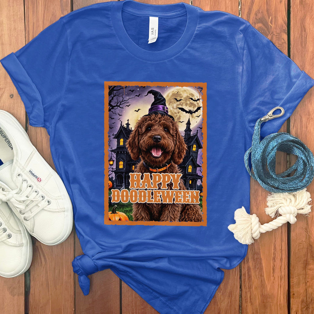 Chocolate Goldendoodle Happy Doodleween T-Shirt in True Royal / M by Puppy Jo