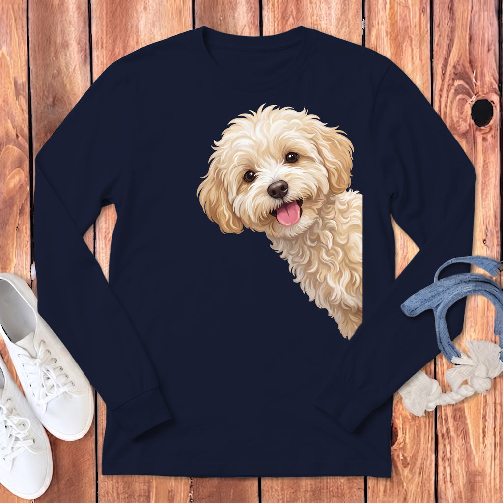 Navy long-sleeve shirt with cream-colored fluffy dog peeking from the side.