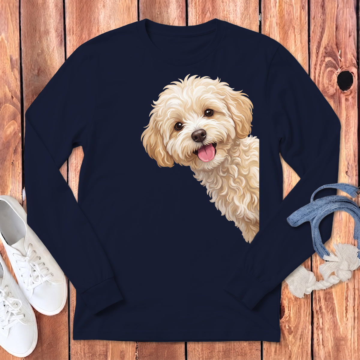 Navy long-sleeve shirt with cream-colored fluffy dog peeking from the side.