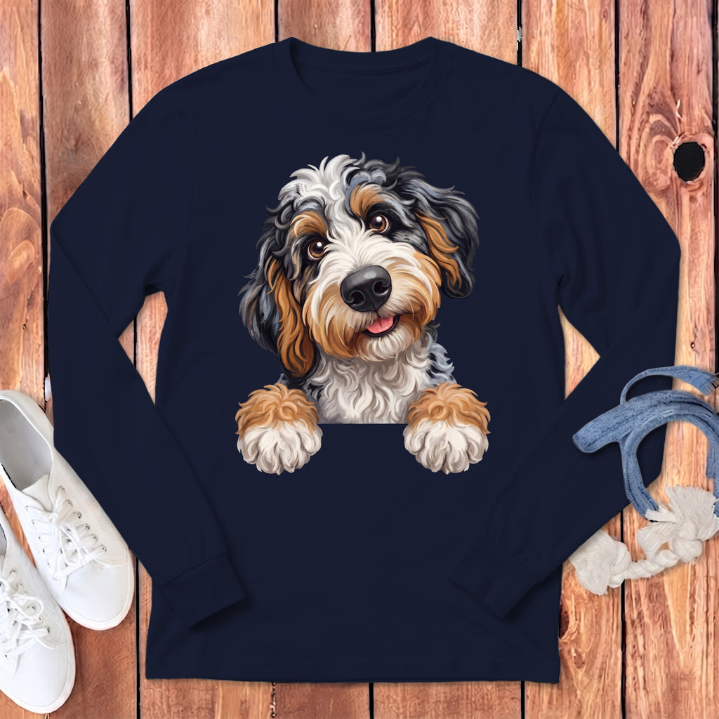 Bernedoodle dog illustration on a navy long-sleeved t-shirt.