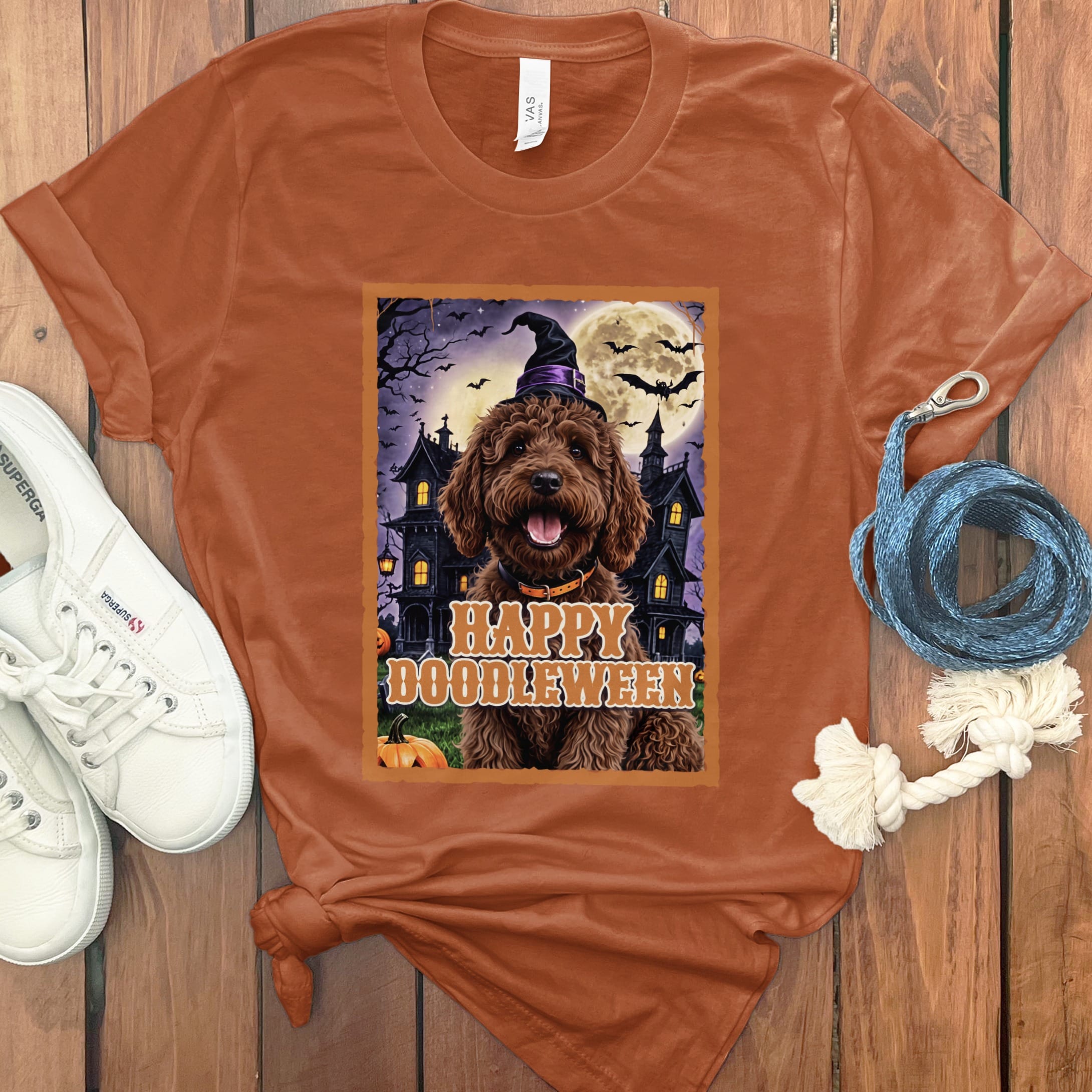 Chocolate Goldendoodle Happy Doodleween T-Shirt in Autumn / M by Puppy Jo