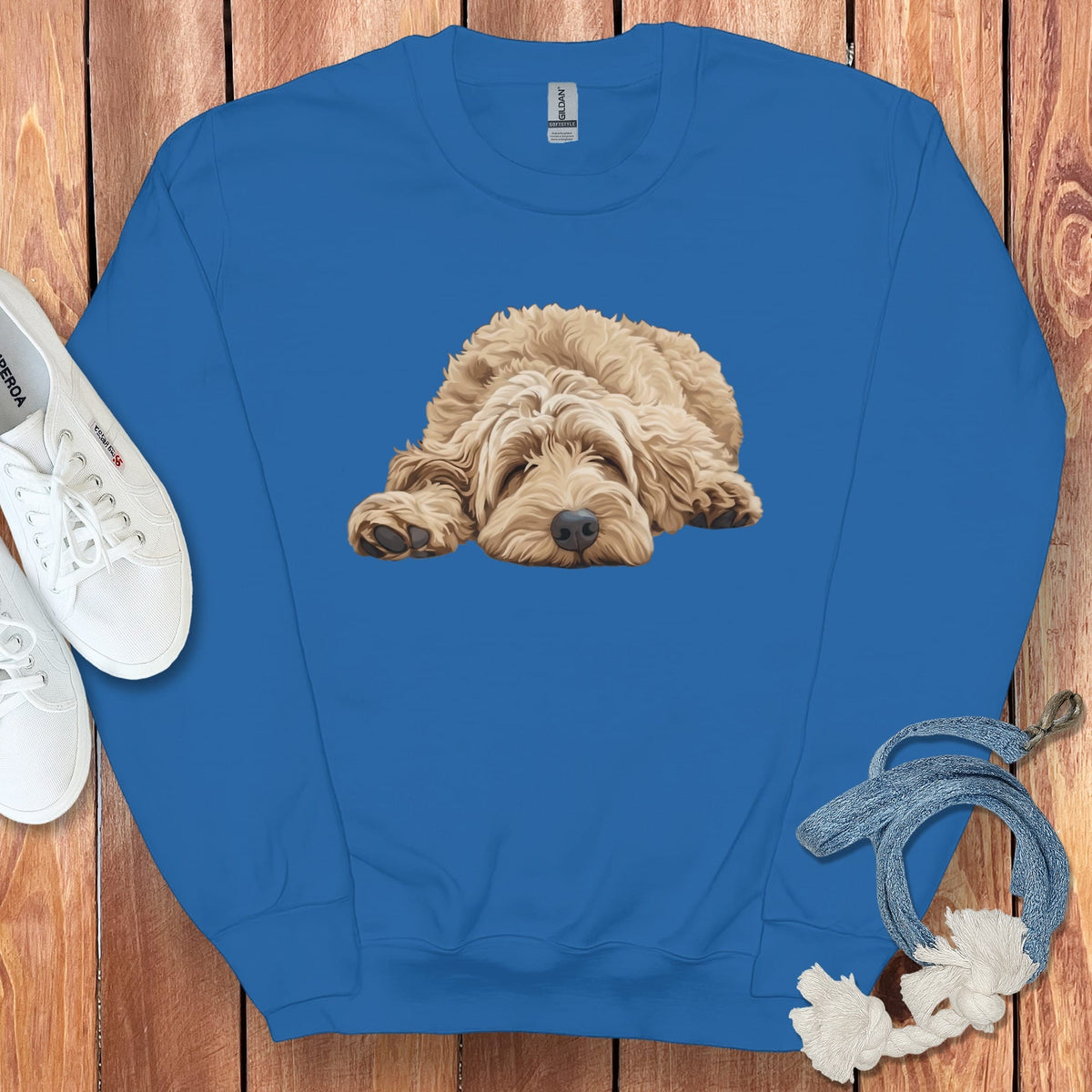 Golden Goldendoodle Snoozing Sweatshirt in Royal / S by Puppy Jo