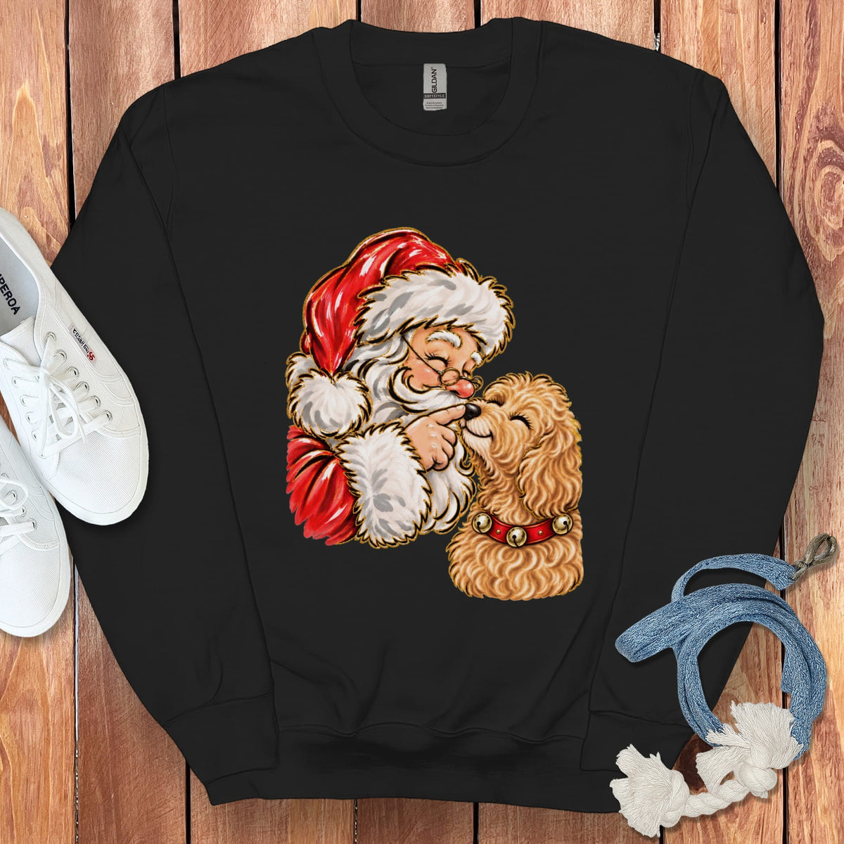 Apricot Goldendoodle Santa Kiss Sweatshirt in Black / S by Puppy Jo