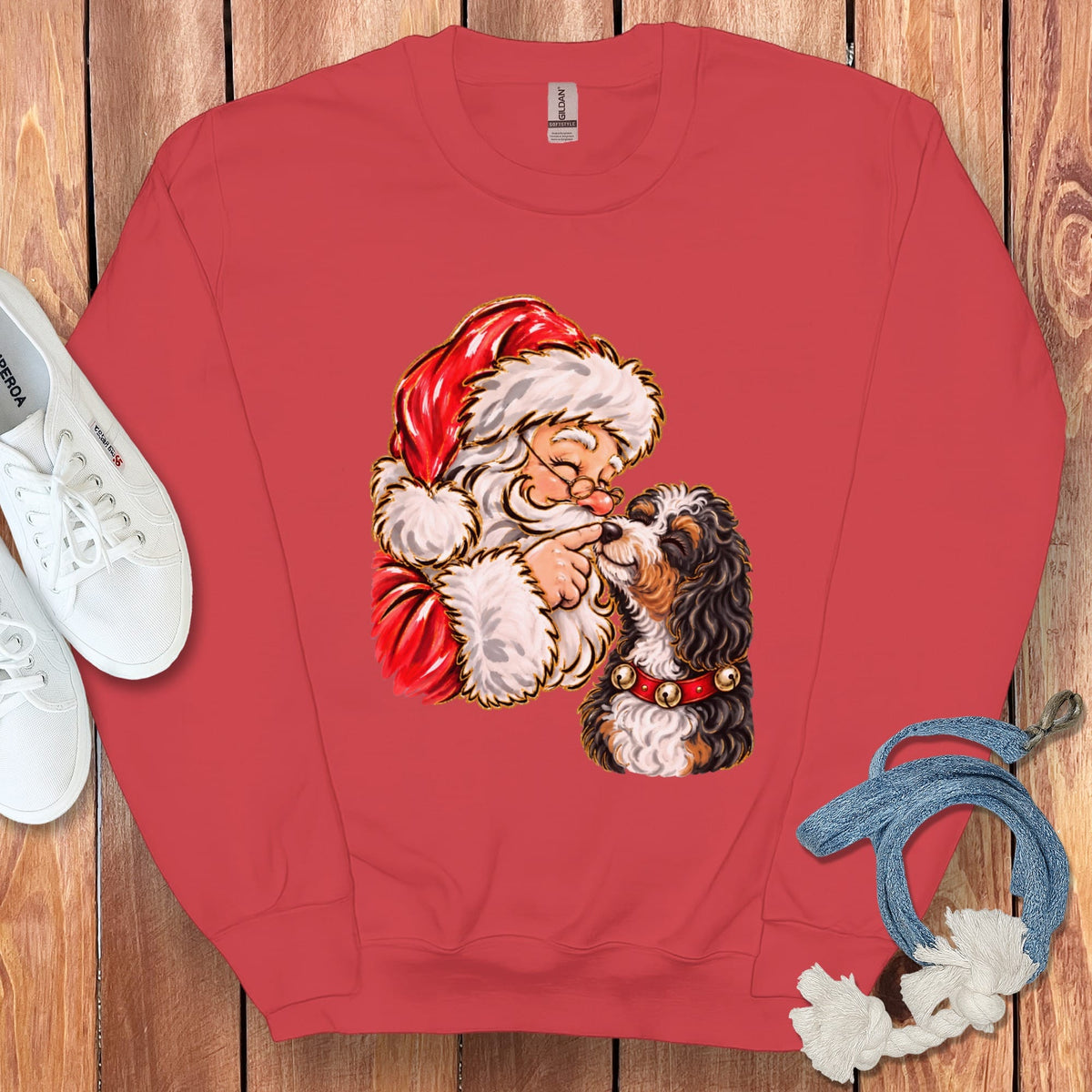 Bernedoodle Santa Kiss Sweatshirt in Red / S by Puppy Jo