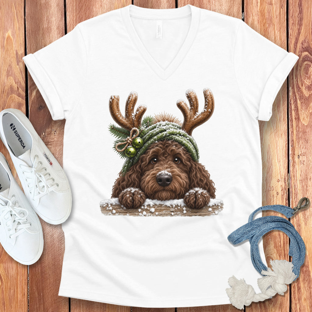 Brown doodle dog wearing antlers and a green hat with snow.