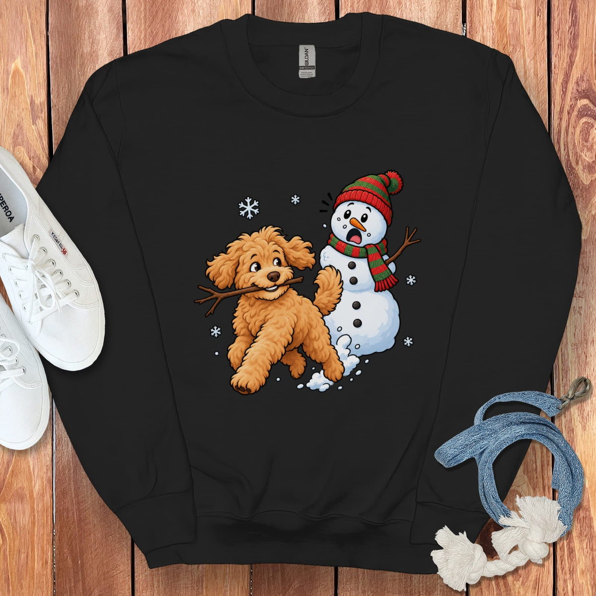 Golden Goldendoodle Snowman Sweatshirt in Black / S by Puppy Jo