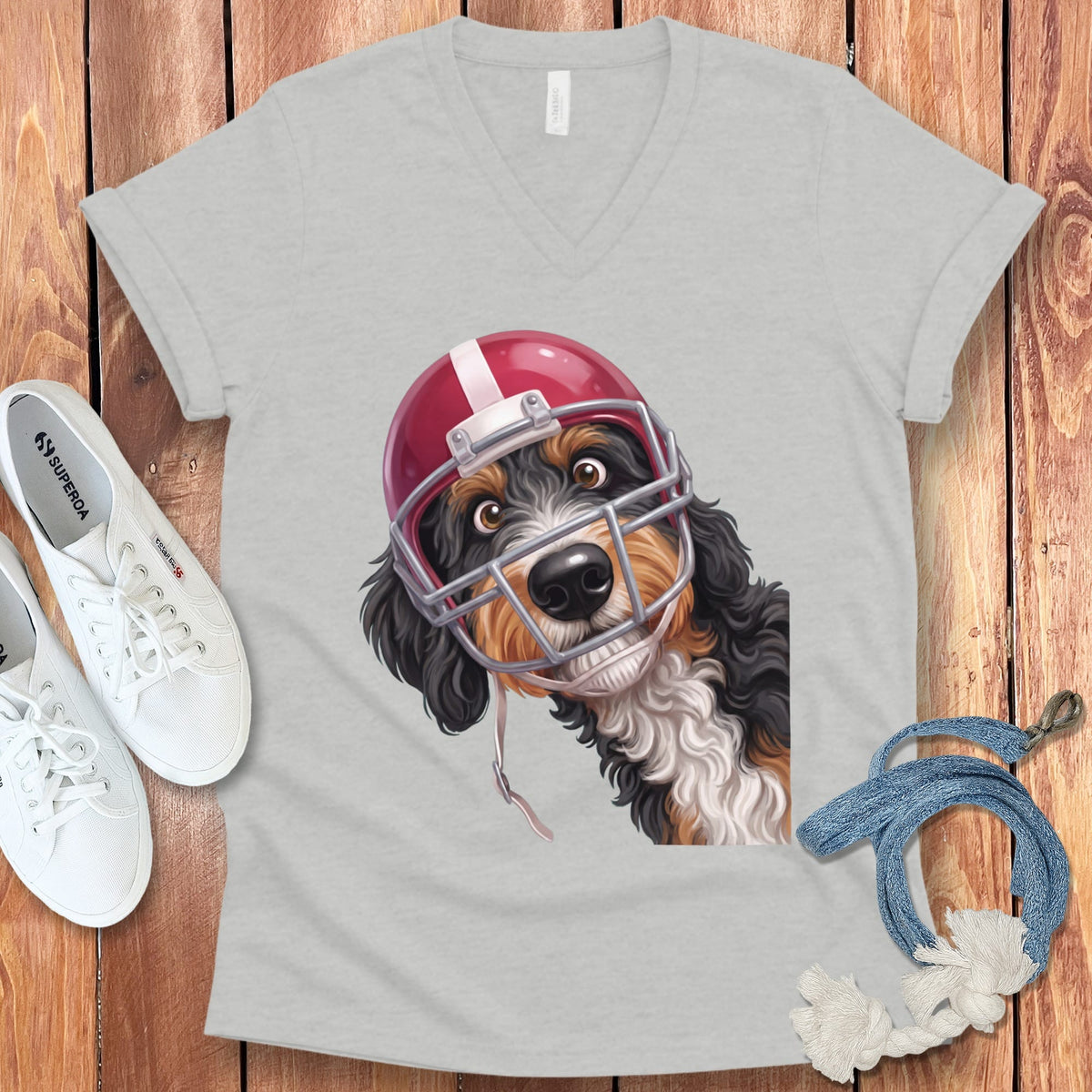 Bernedoodle Football Helmet V-Neck T-Shirt in Athletic Heather / S by Puppy Jo
