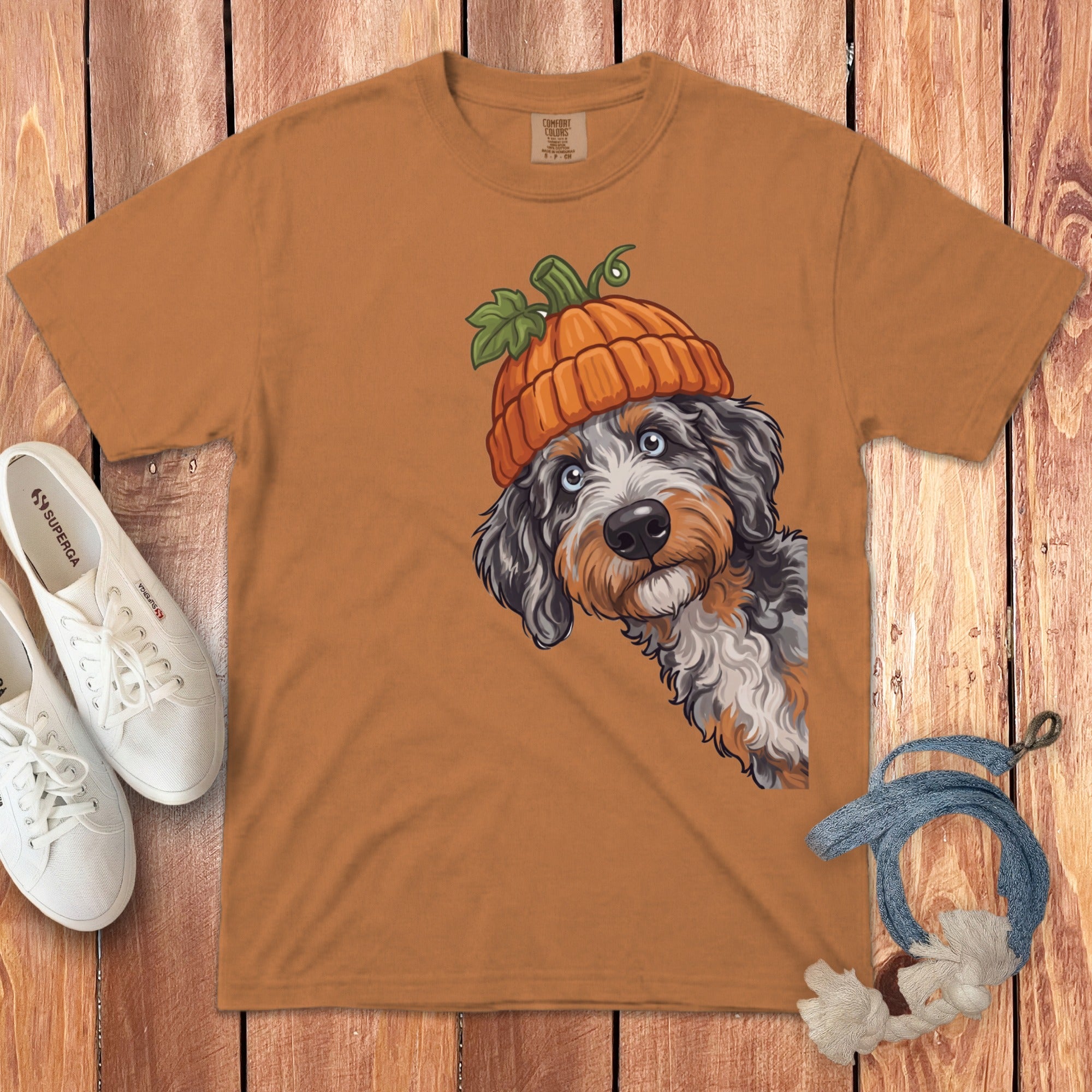 Bernese mountain dog wearing a pumpkin hat graphic on an orange t-shirt.