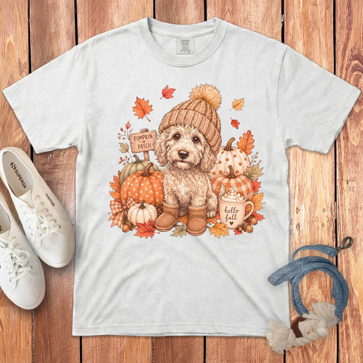 Cream Goldendoodle Pumpkin Patch Signature T-Shirt in White / S by Puppy Jo