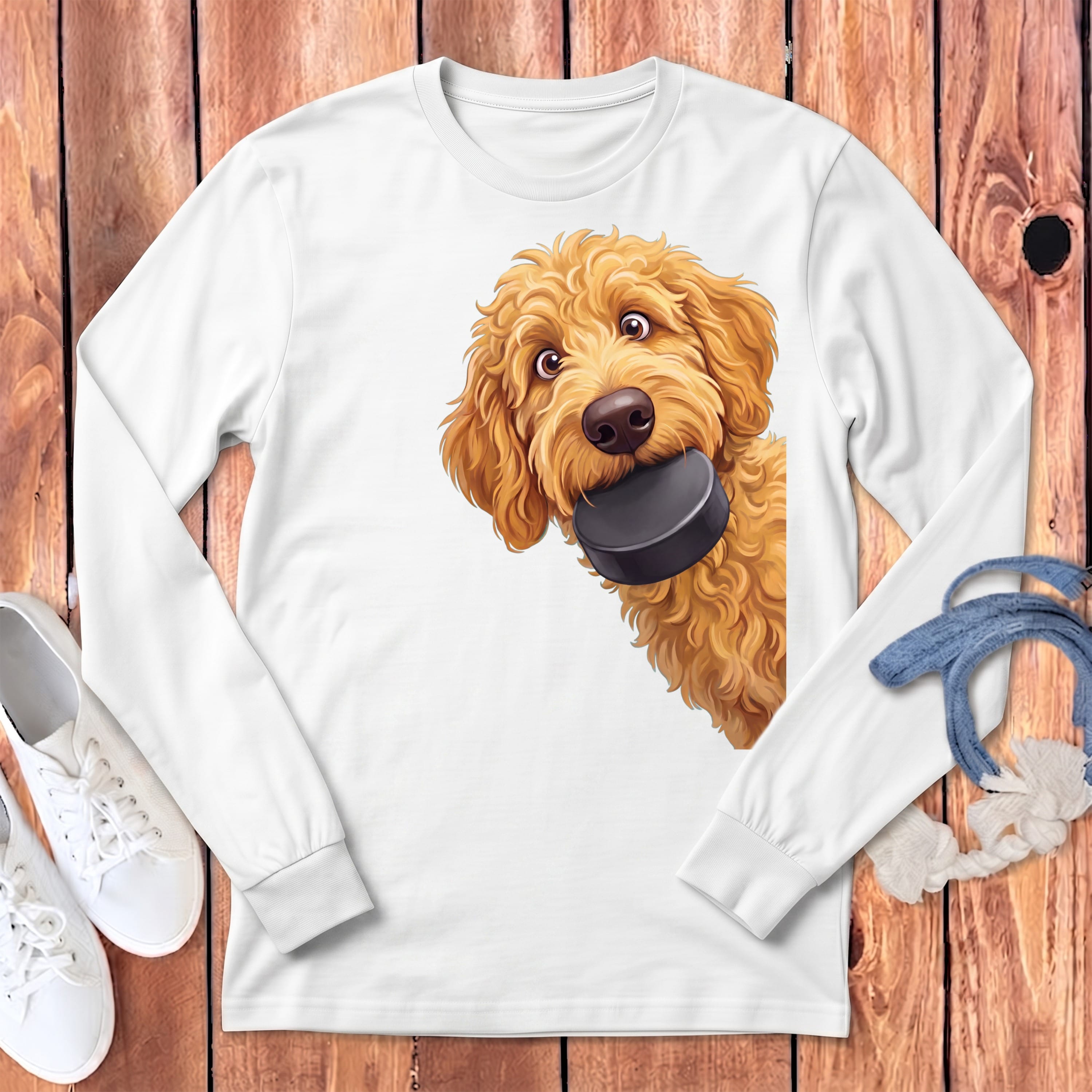 Golden Goldendoodle Hockey Puck Long Sleeve T-Shirt in White / S by Puppy Jo