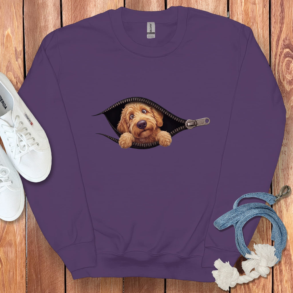 Apricot Goldendoodle Peeking Zipper Sweatshirt in Purple / S by Puppy Jo
