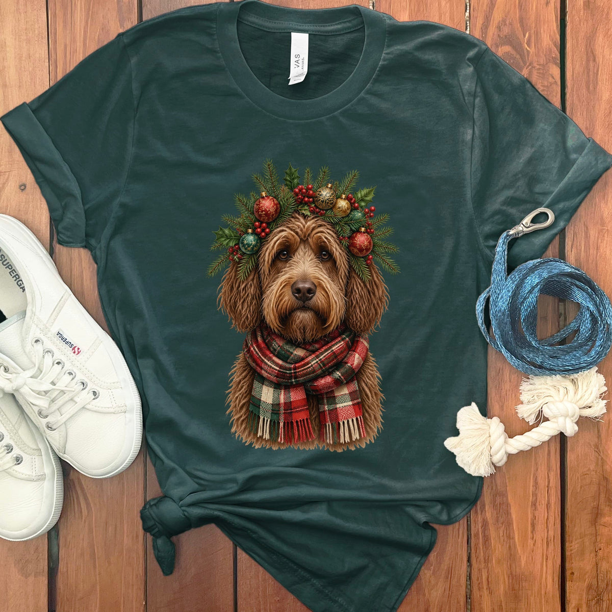 Chocolate Goldendoodle Holiday Crown T-Shirt in Forest / S by Puppy Jo
