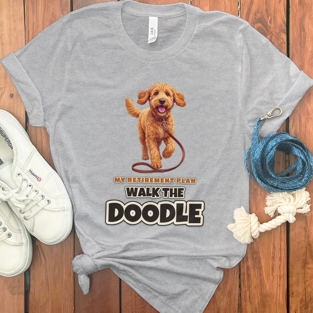 Gray t-shirt with a doodle dog graphic and text: My Retirement Plan Walk the Doodle.