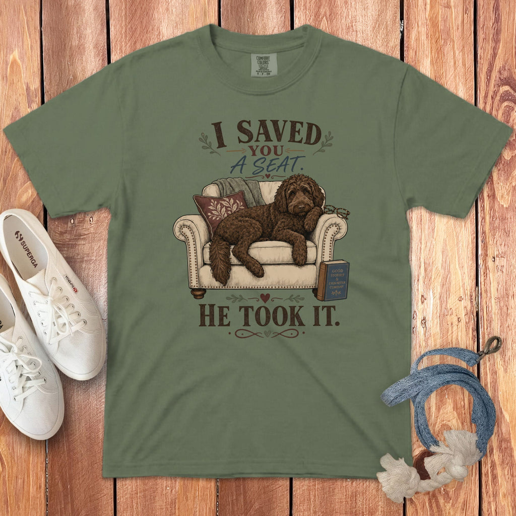 Chocolate Goldendoodle Seat Signature T-Shirt in Moss / S by Puppy Jo