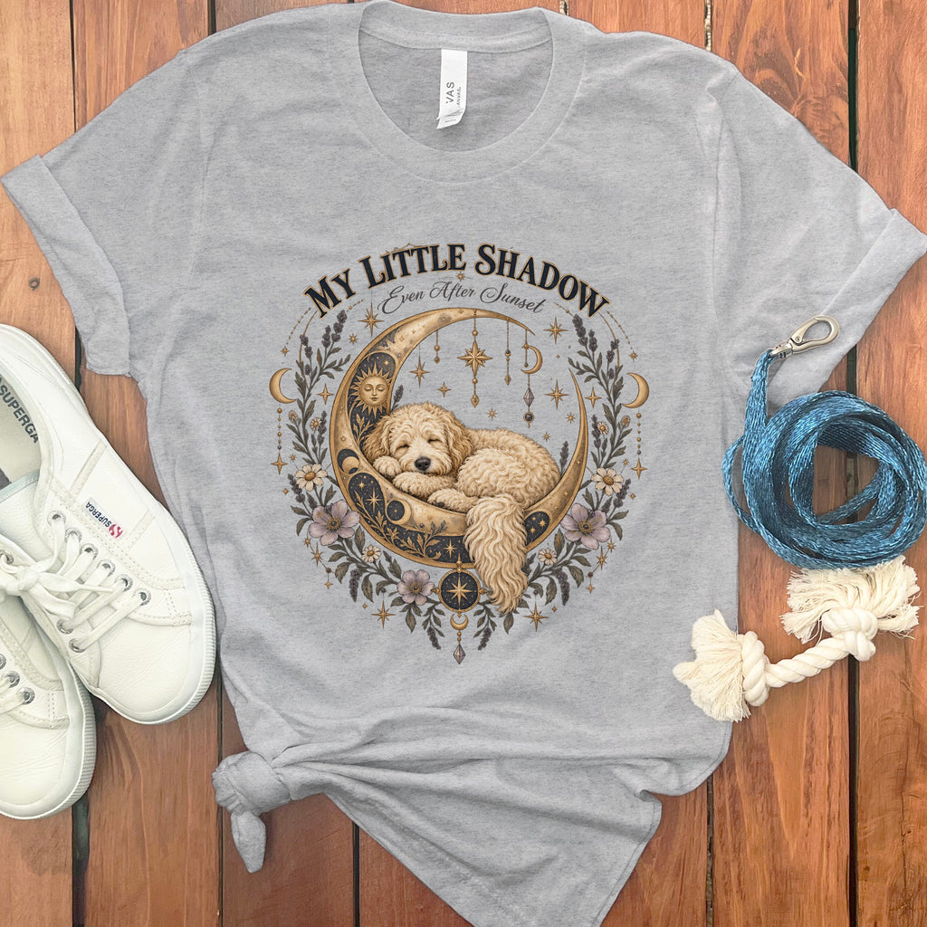 Light gray t-shirt with a golden moon, stars, and sleeping dog design reading "My Little Shadow."