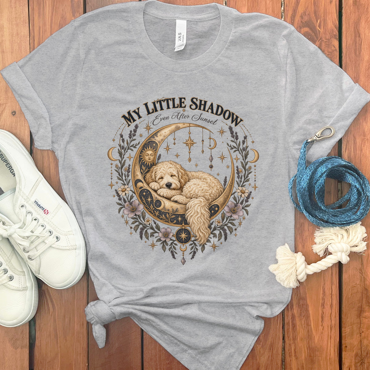 Light gray t-shirt with a golden moon, stars, and sleeping dog design reading "My Little Shadow."