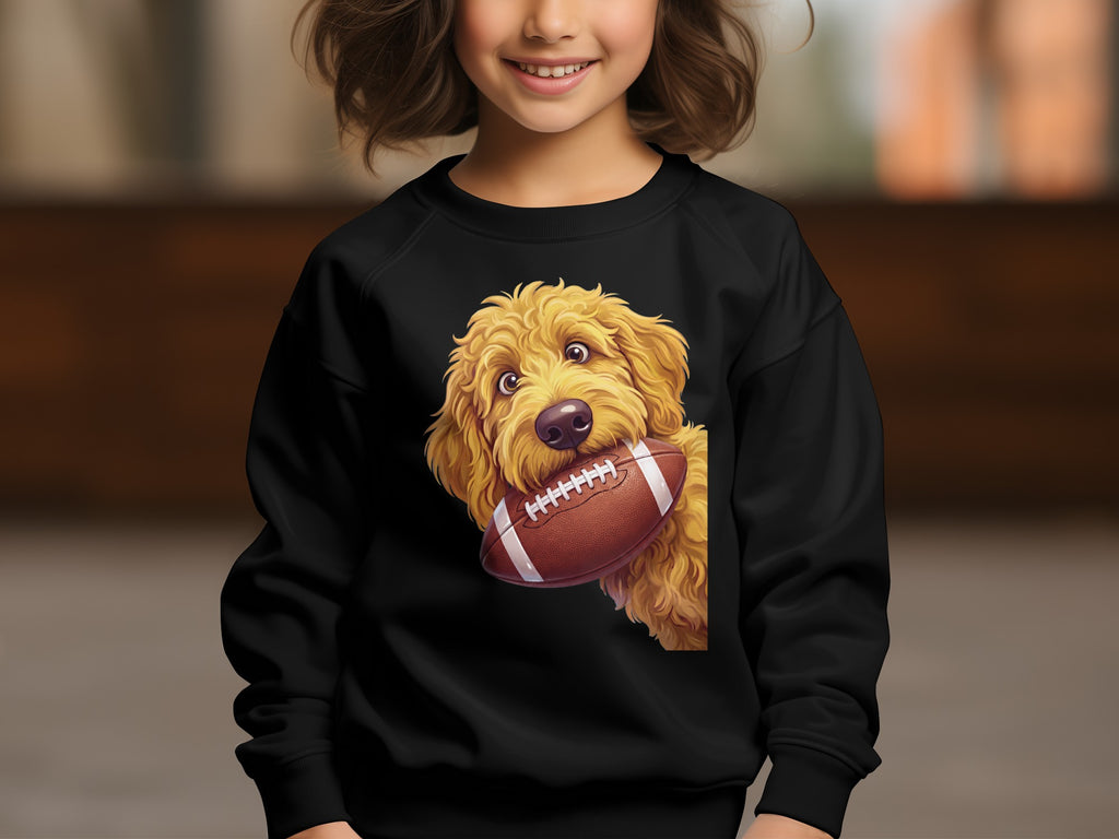 Black sweatshirt with a golden doodle dog holding a football graphic.