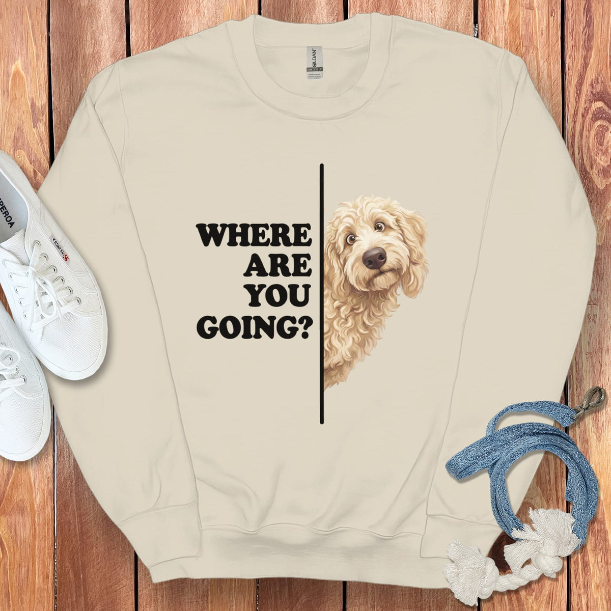 Where Going Cream Goldendoodle Sweatshirt in Sand / S by Puppy Jo