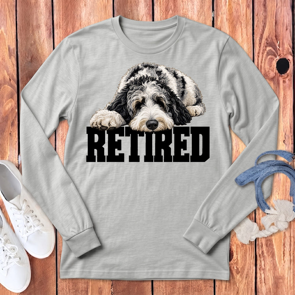 Retired Sleeping Merle Goldendoodle Long Sleeve T-Shirt in Athletic Heather / S by Puppy Jo