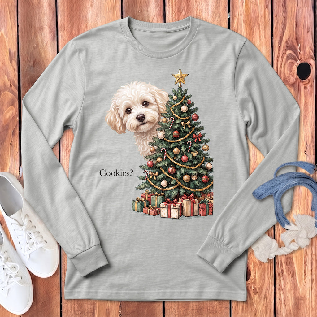 Light gray long-sleeve shirt with a white dog, Christmas tree, and "Cookies?" text.