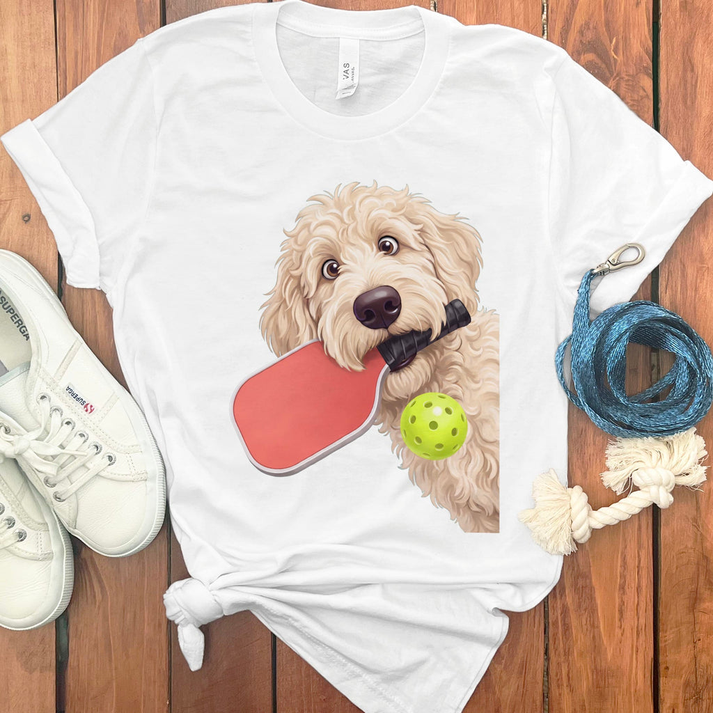 Cream Goldendoodle Pickleball T-Shirt in White / S by Puppy Jo