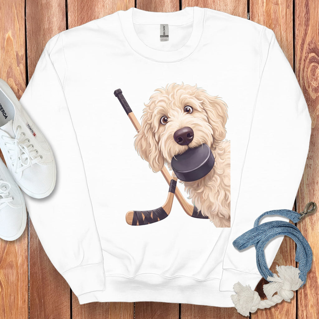 Cream Goldendoodle Hockey Sweatshirt in White / S by Puppy Jo