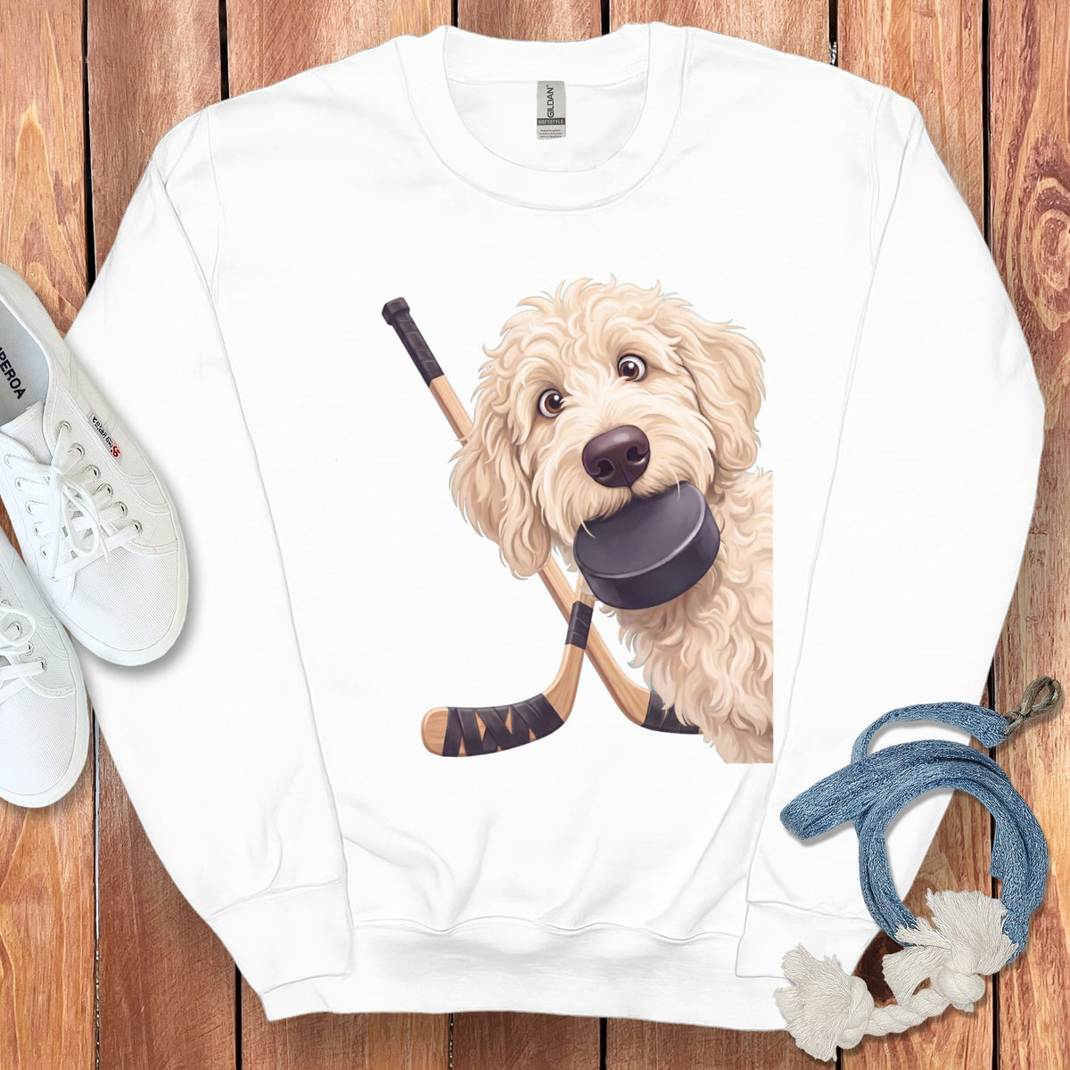 Cream Goldendoodle Hockey Sweatshirt in White / S by Puppy Jo