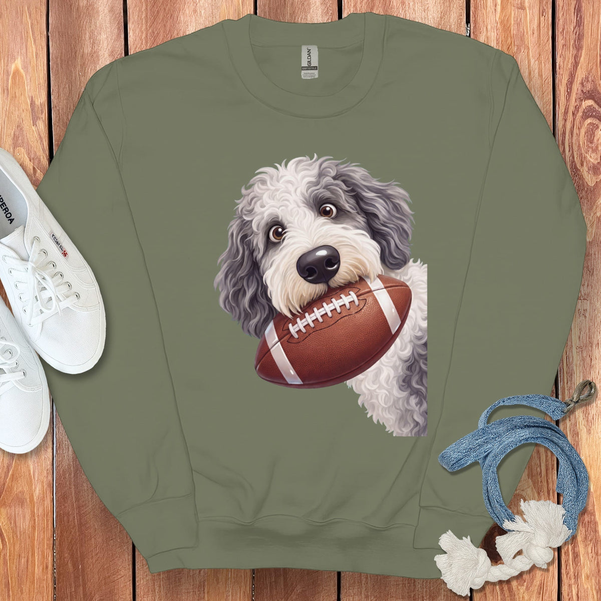 Sheepadoodle Football Sweatshirt in Military Green / S by Puppy Jo