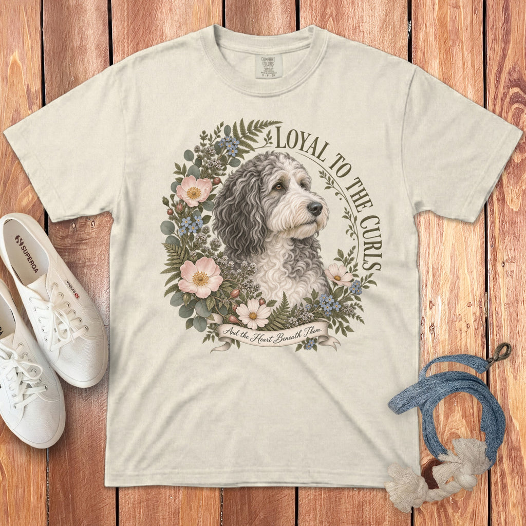 Cream t-shirt with dog portrait, wreath, and text "Loyal to the Curls".