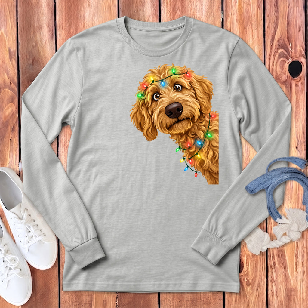 Goldendoodle dog wearing colorful Christmas lights on light gray long-sleeve shirt.