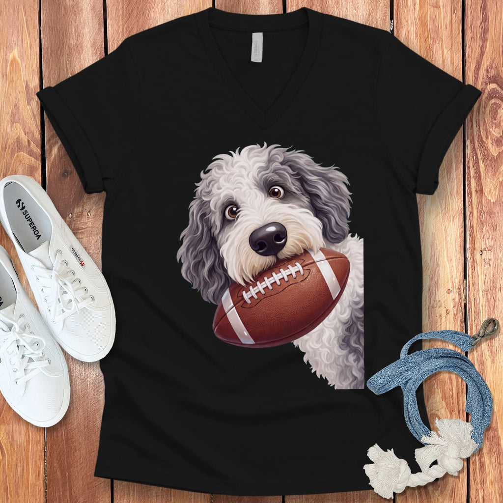 Sheepadoodle Football V-Neck T-Shirt in Black / S by Puppy Jo