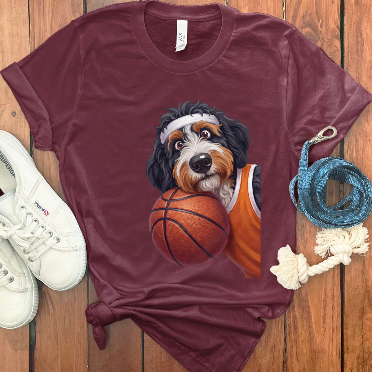 Bernedoodle Basketball Player T-Shirt in Maroon / S by Puppy Jo