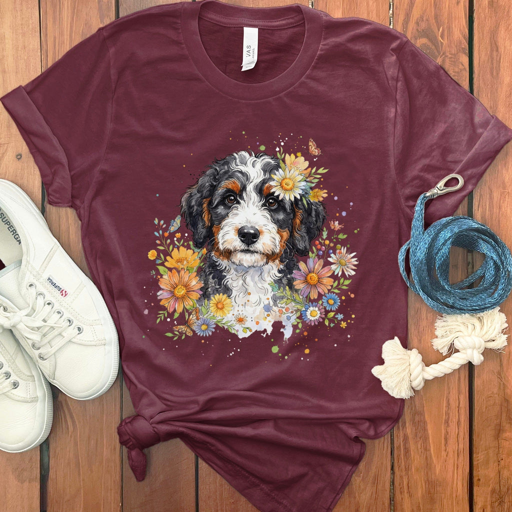 Colorful Puppy and Flowers Illustration on T-shirt