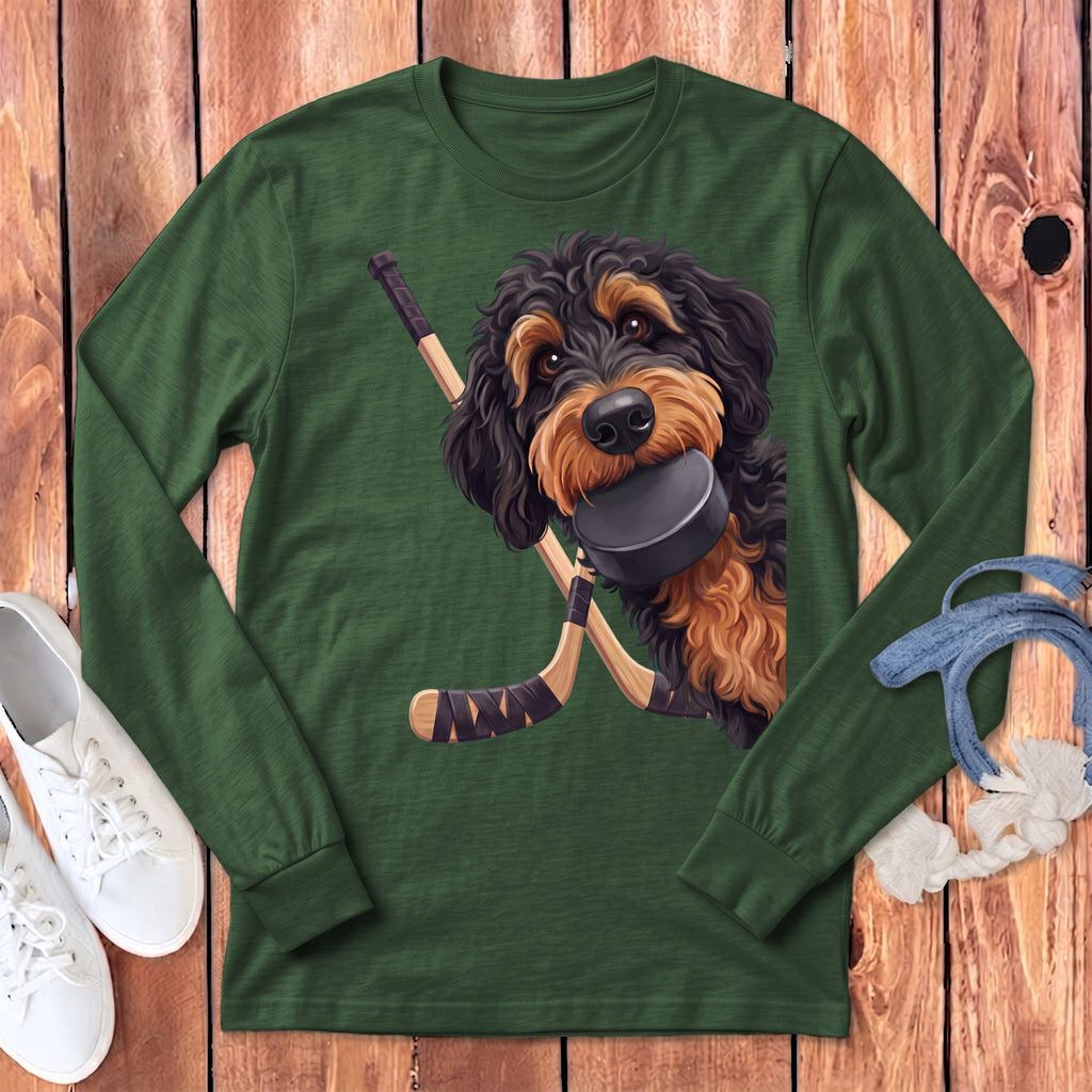 Phantom Goldendoodle Hockey Long Sleeve T-Shirt in Heather Forest / S by Puppy Jo
