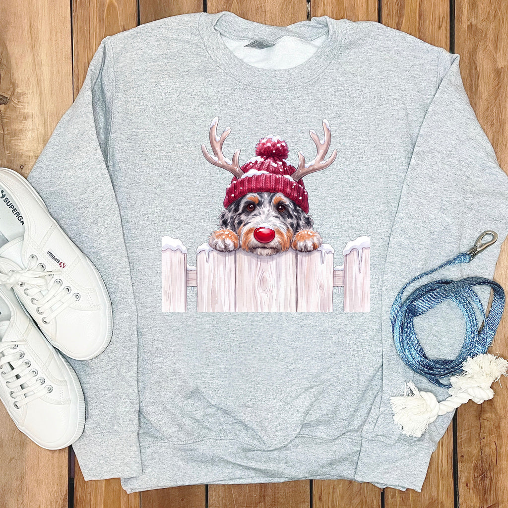 Grey sweatshirt with a Christmas dog graphic, white sneakers, and blue leash.