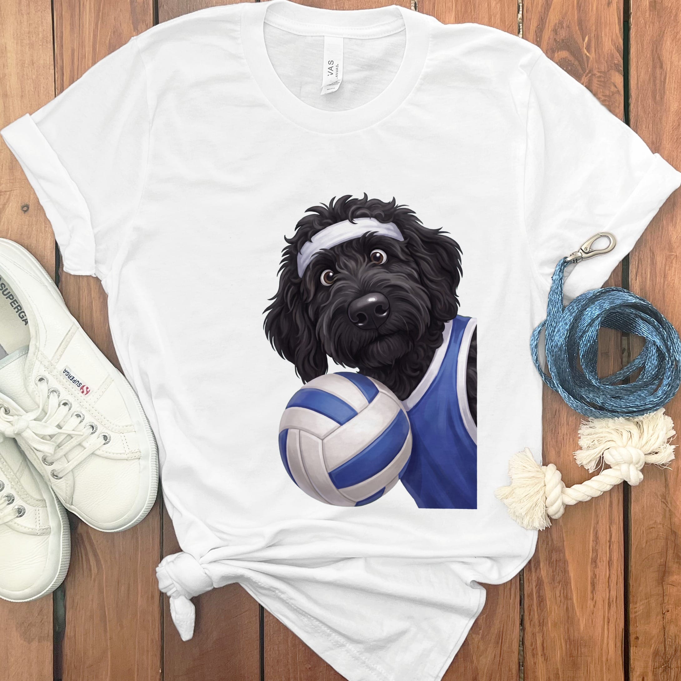 Black Goldendoodle Volleyball Player T-Shirt in White / S by Puppy Jo
