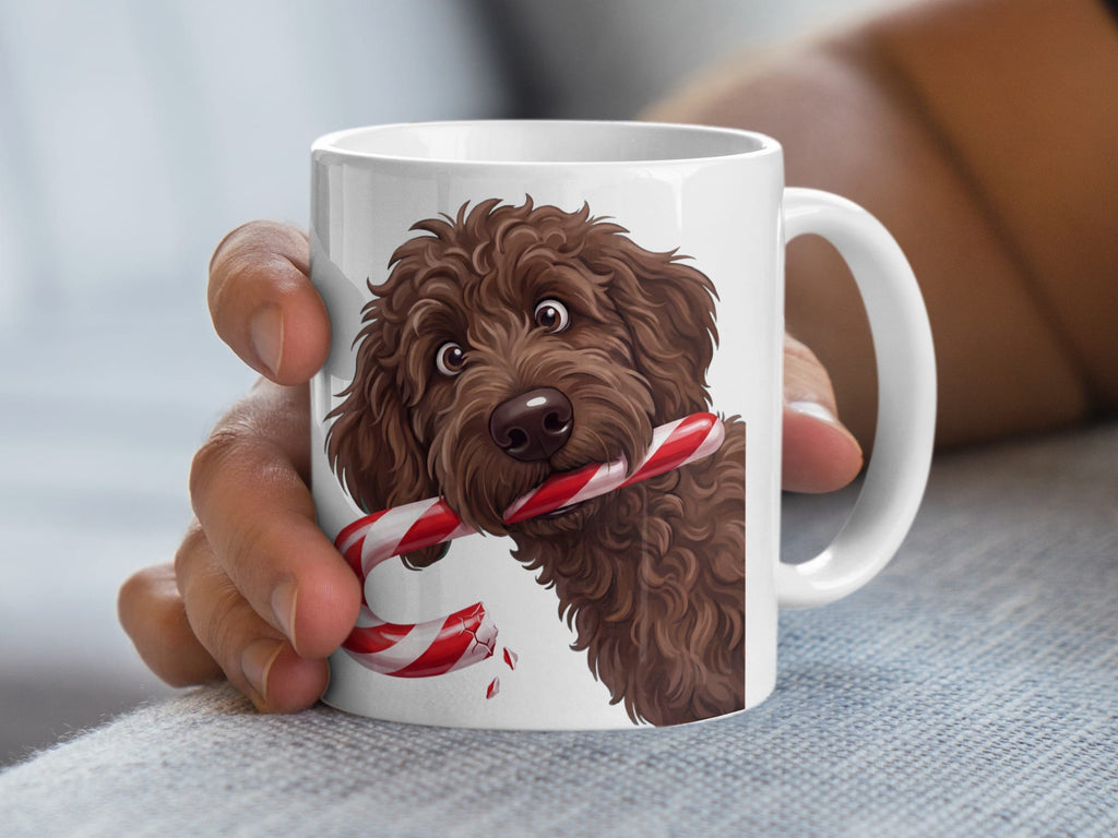 Chocolate Goldendoodle Candy Cane Thief Mug in by Puppy Jo