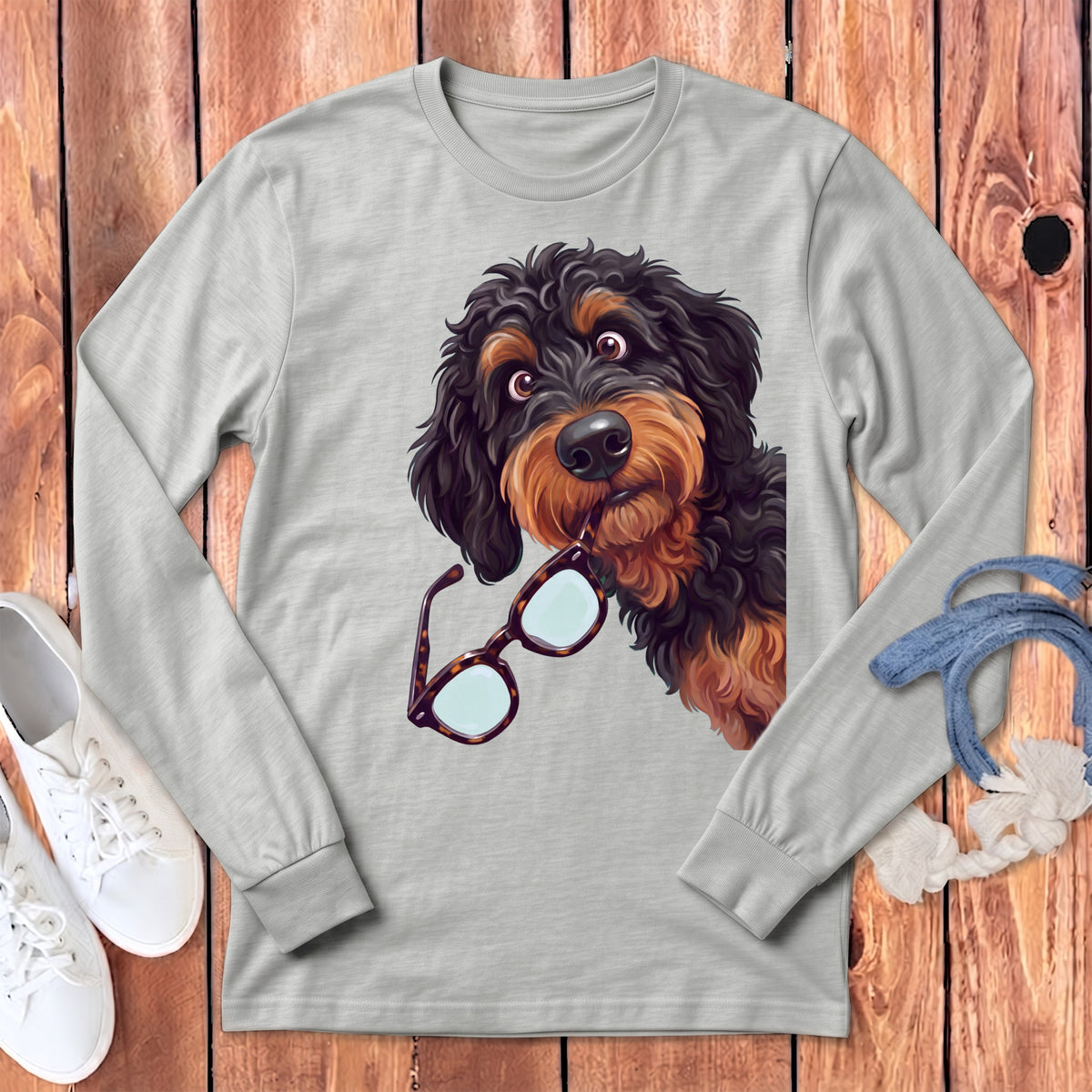 Light gray long-sleeve t-shirt featuring a graphic of a fluffy black and tan dog holding glasses in its mouth.