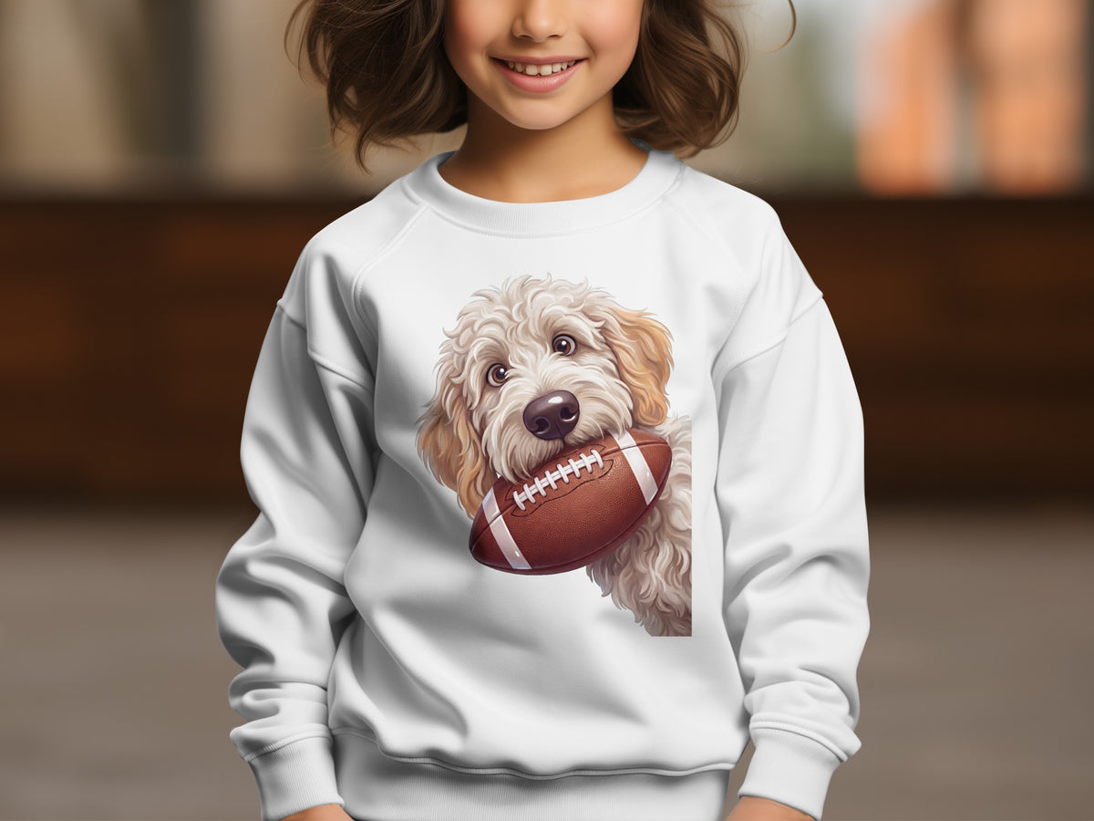 White sweatshirt with a cartoon dog holding a football.