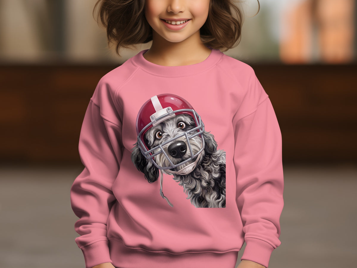 Pink sweatshirt with a fluffy dog wearing a red football helmet graphic.