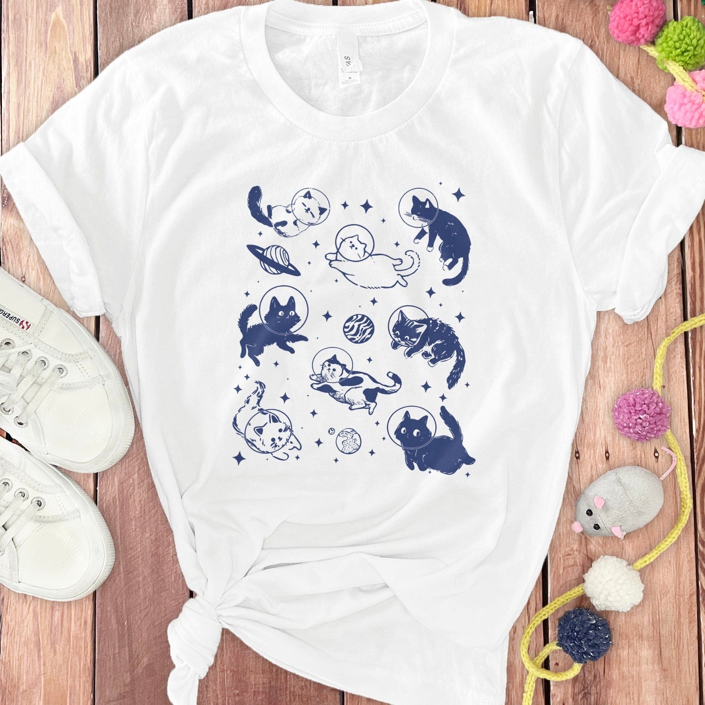 Playful Space Cats T-Shirt with Toy Mouse product type
