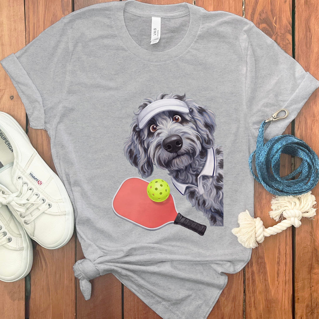Merle Goldendoodle Pickleball Player T-Shirt in Athletic Heather / S by Puppy Jo